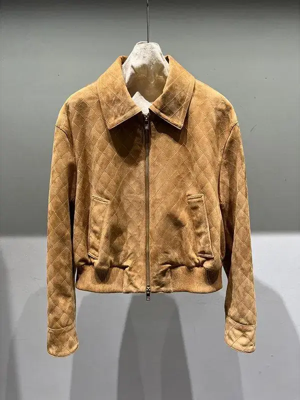 縮圖：Women's Retro Short Sheepskin Leather Jacket with Lapel Collar