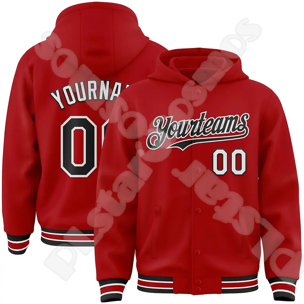 Thumbnail: Red and brown varsity jacket yourteam text on fronr