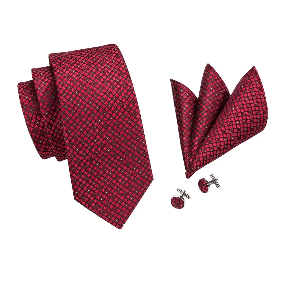 Thumbnail: Designer Red Burgundy Plaid Wedding Tie for Men Handky Cufflinks