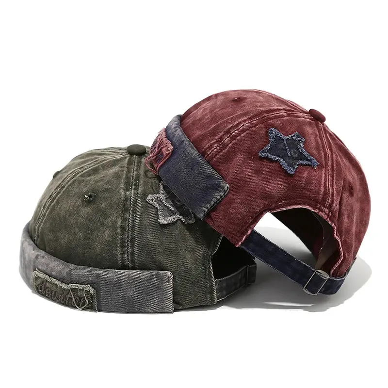 Thumbnail: Stack of vintage caps in varied colors, featuring distressed patches and adjustable straps.