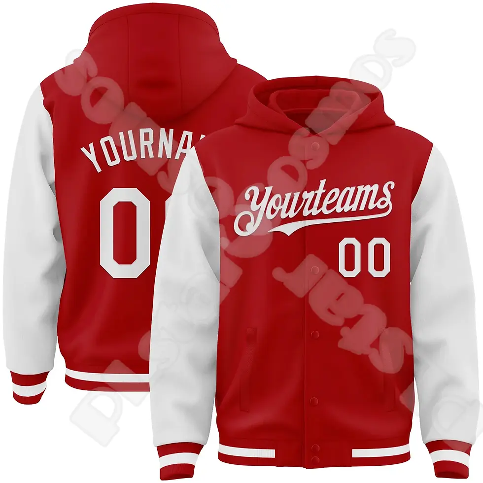 Thumbnail: Red and brown varsity jacket yourteam text on fronr