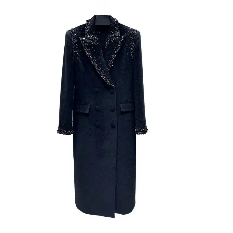 Thumbnail: Coat Flip Collar Double Row Button Sequin Embroidered Women