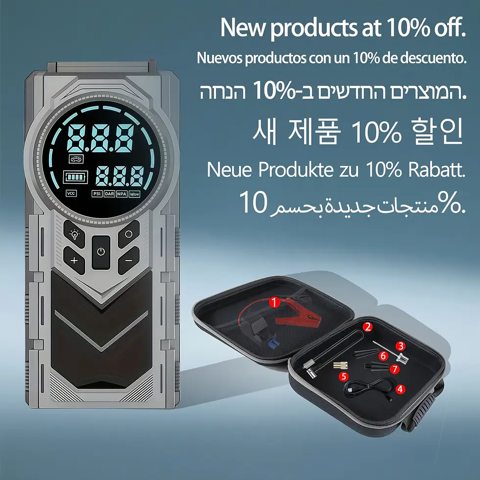 Digital pressure gauge with buttons, a blue display, and a case containing various accessories; text offers 10% discount in multiple languages.