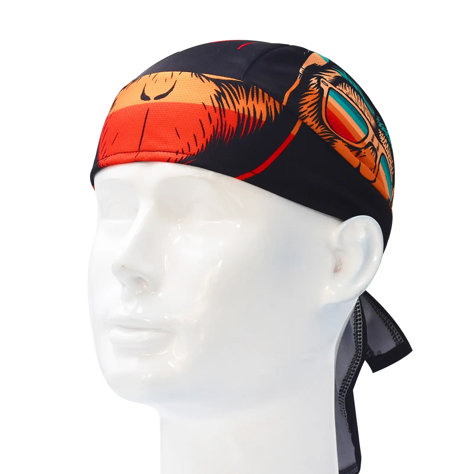 A mannequin head wearing a black durag with an orange and red graphic of a bearded man wearing sunglasses.