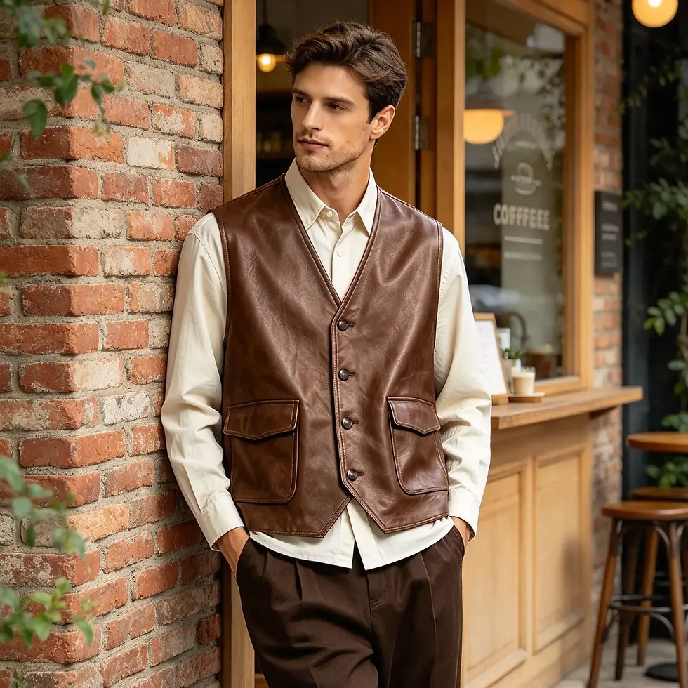 Thumbnail: Vintage Men's Oil Wax Faux Leather V-Neck Sleeveless Vest with Flap Pockets