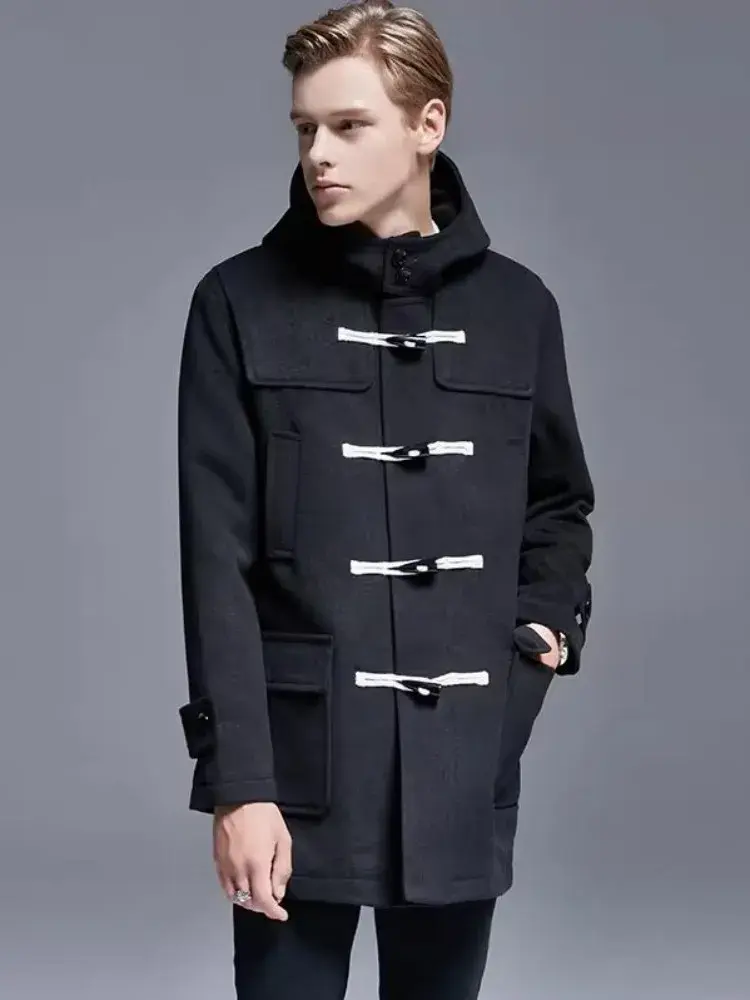 Thumbnail: Mens Woolen Coat Britain Preppy Style Horn Button Casual