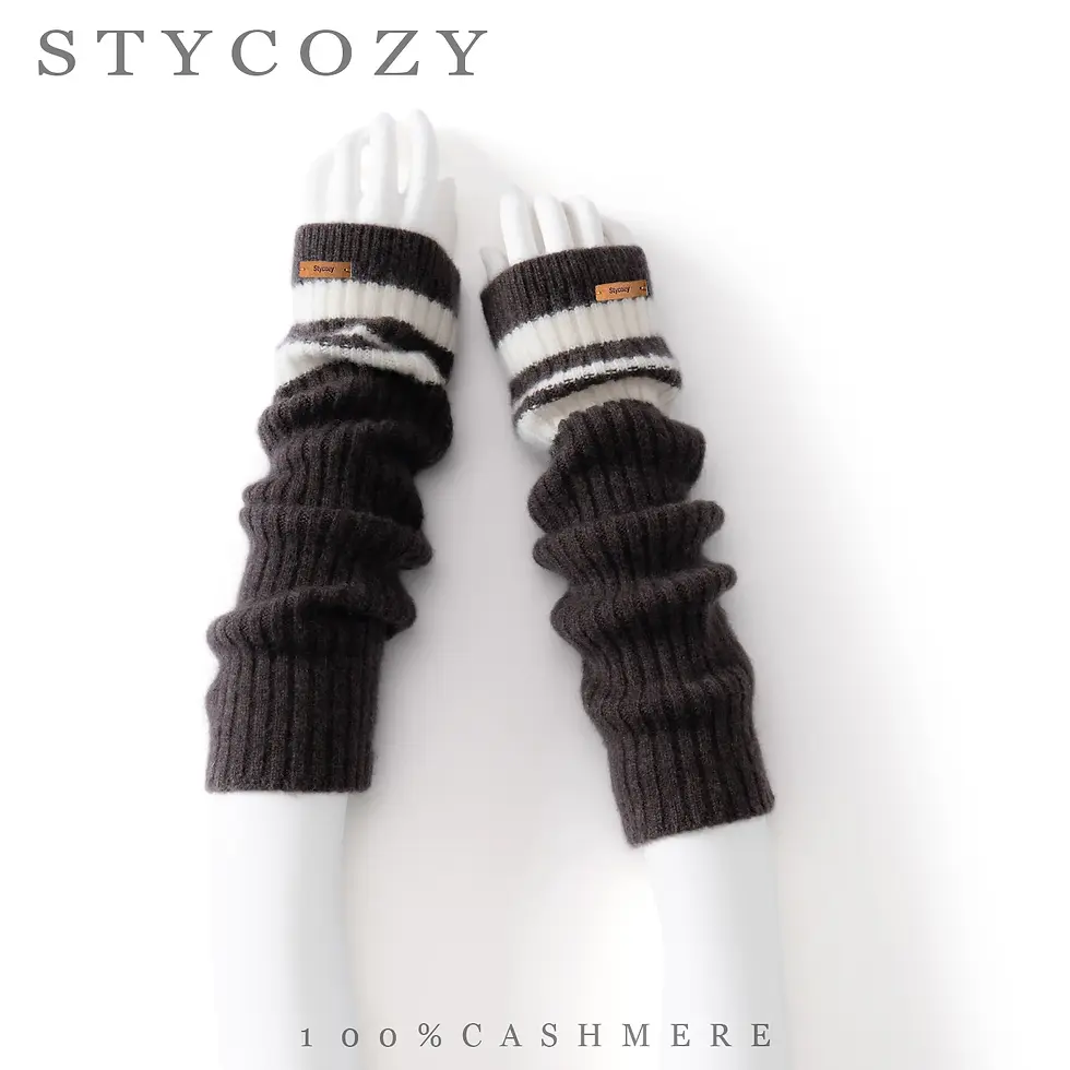 縮圖：100% Cashmere Striped Knit Fingerless Arm Warmers for Women