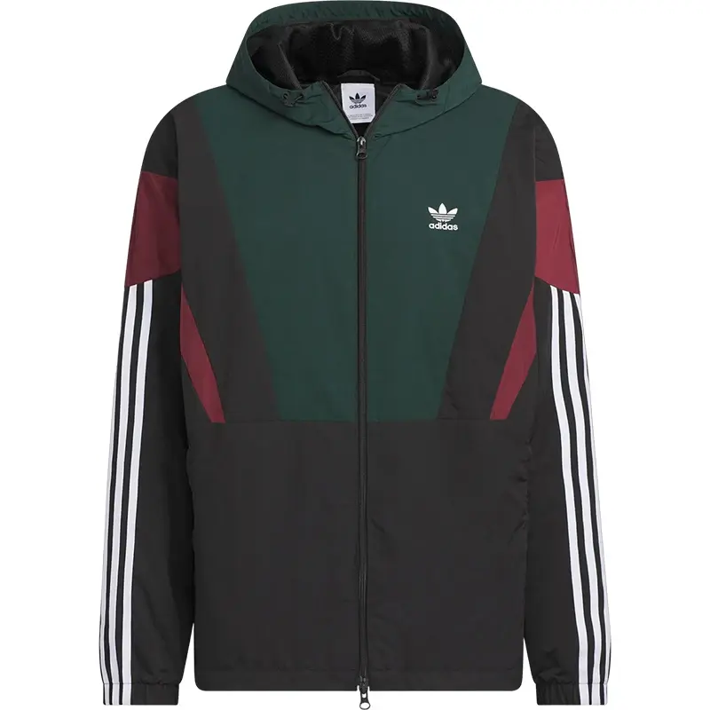 Thumbnail: Person wearing a color-blocked jacket with green, black, and maroon sections, white Adidas logo, and striped sleeves.