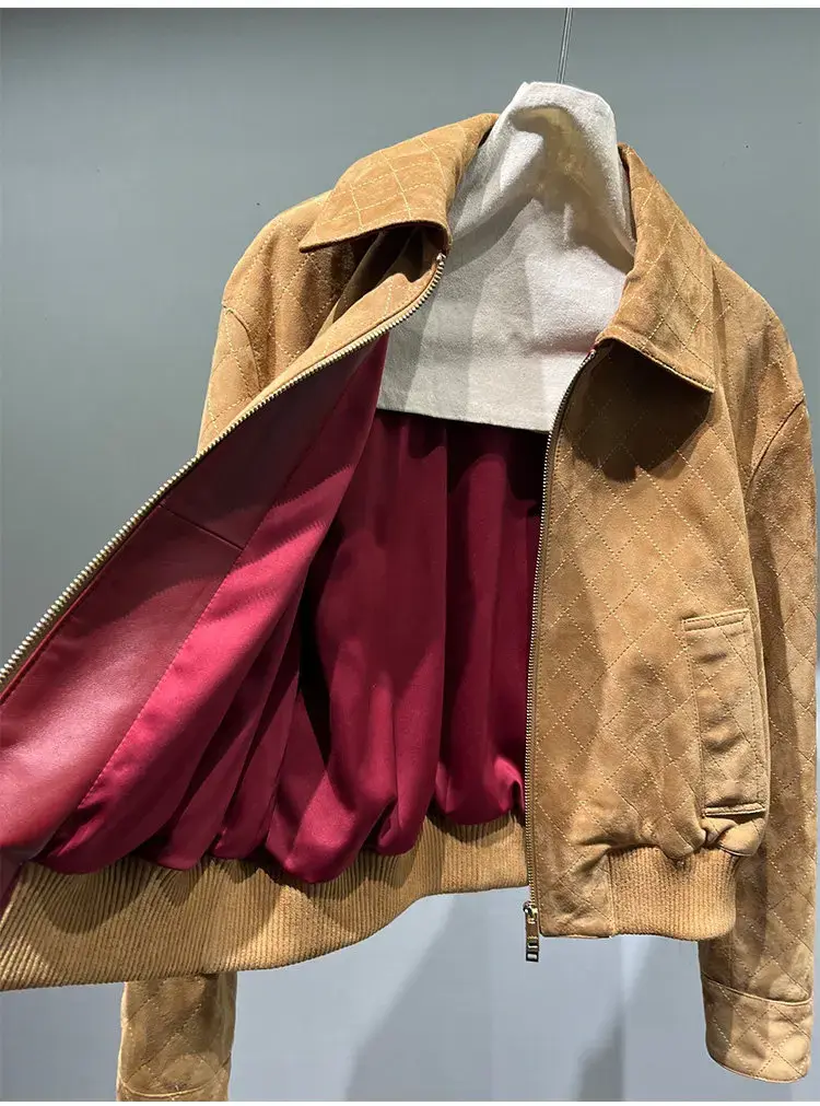 縮圖：Women's Retro Short Sheepskin Leather Jacket with Lapel Collar