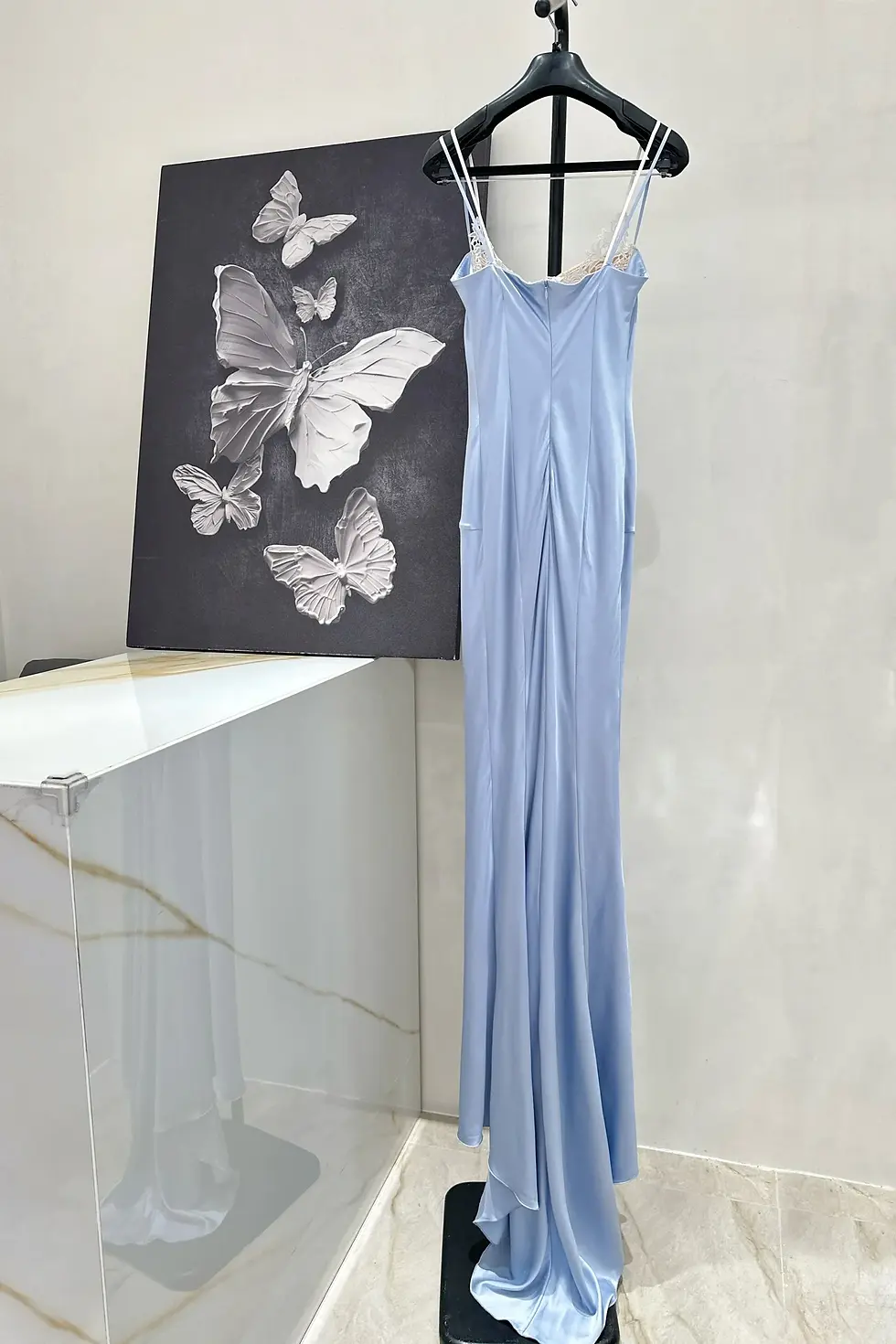 Thumbnail: Women's Silk Satin Slim Sheath Dress with Lace Collar and Spaghetti Straps