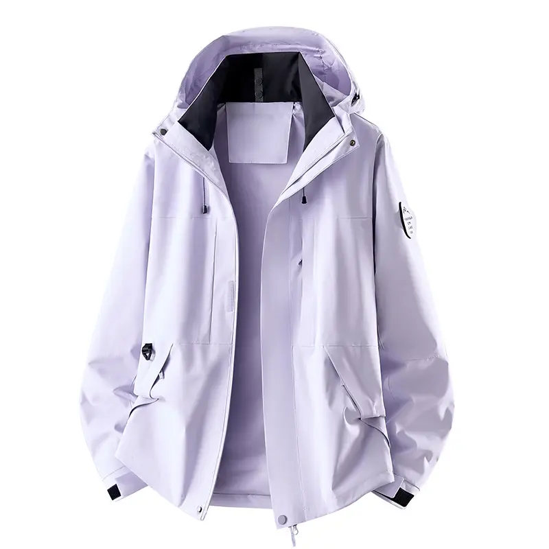 Thumbnail: Bright yellow hooded jacket with black interior, zippered pockets, and a round patch on the sleeve.