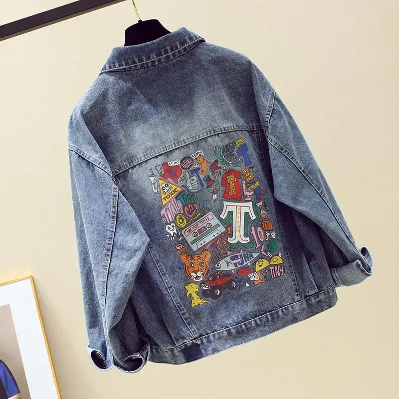 New Autumn Women Short Print Denim Jacket Long Sleeves Size XL