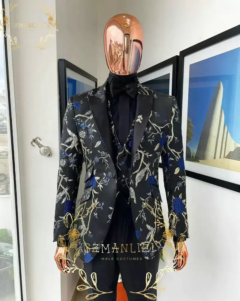 Miniatura: Fashion Wedding Tuxedos Men Suits Floral Pattern One Button Shawl Lapel Size 38