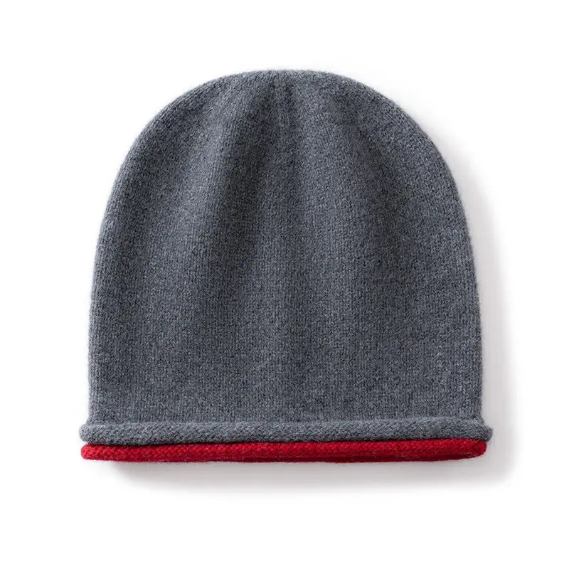 Gray wool beanie with a red lining visible at the bottom edge.