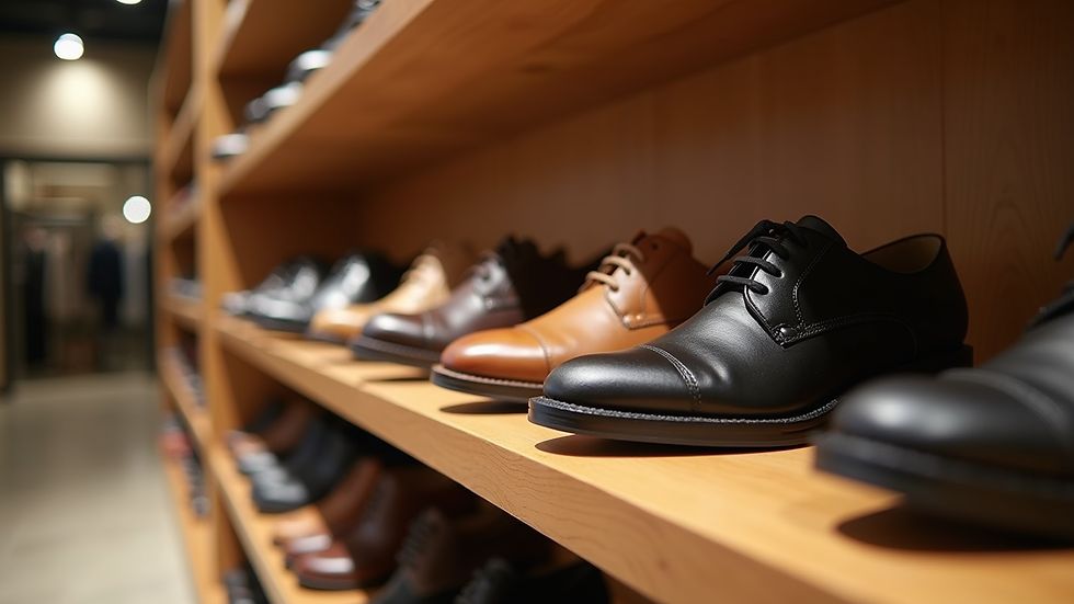 Close-up view of luxury shoes on a wooden shelf in an online outlet