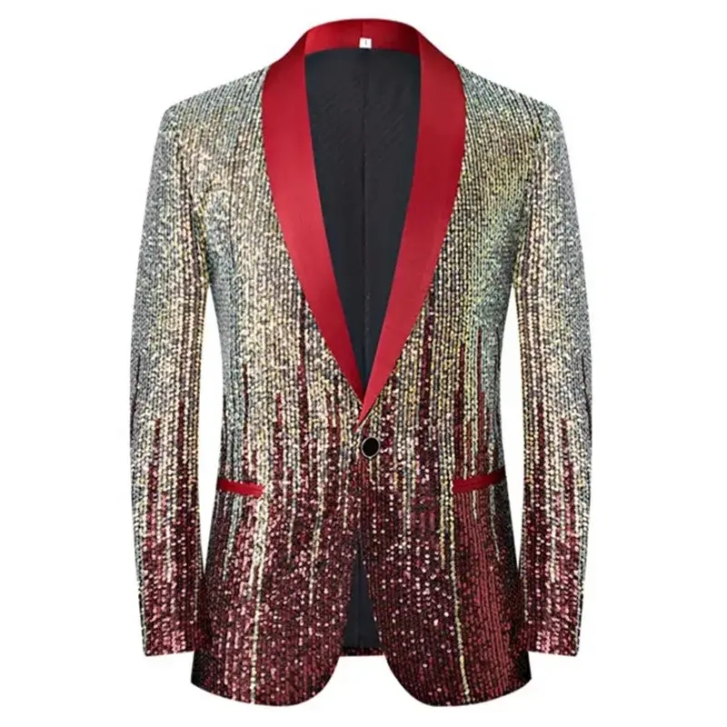 Thumbnail: Sparkling sequin blazer with a red shawl collar and gradient gold to burgundy design, featuring a single button closure.