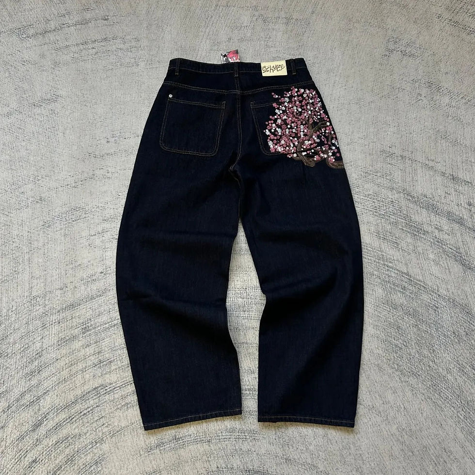 Thumbnail: Vintage Low Waist Hip Hop Cherry Blossom Embroidered Jeans  Wide Leg Trousers Y2