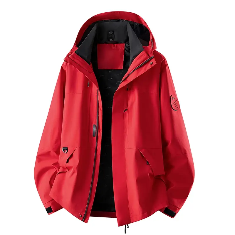 Thumbnail: Bright yellow hooded jacket with black interior, zippered pockets, and a round patch on the sleeve.