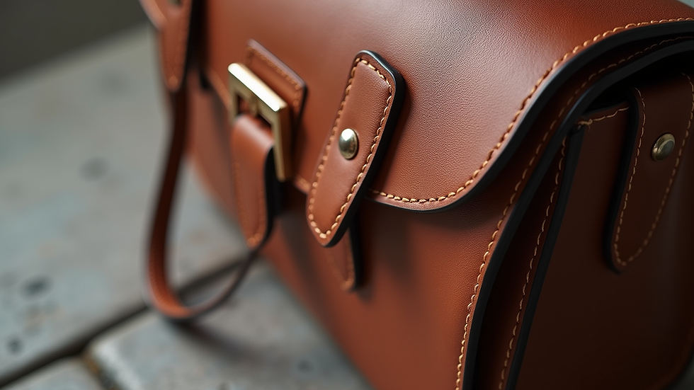Close-up view of a designer handbag with a visible logo and stitching