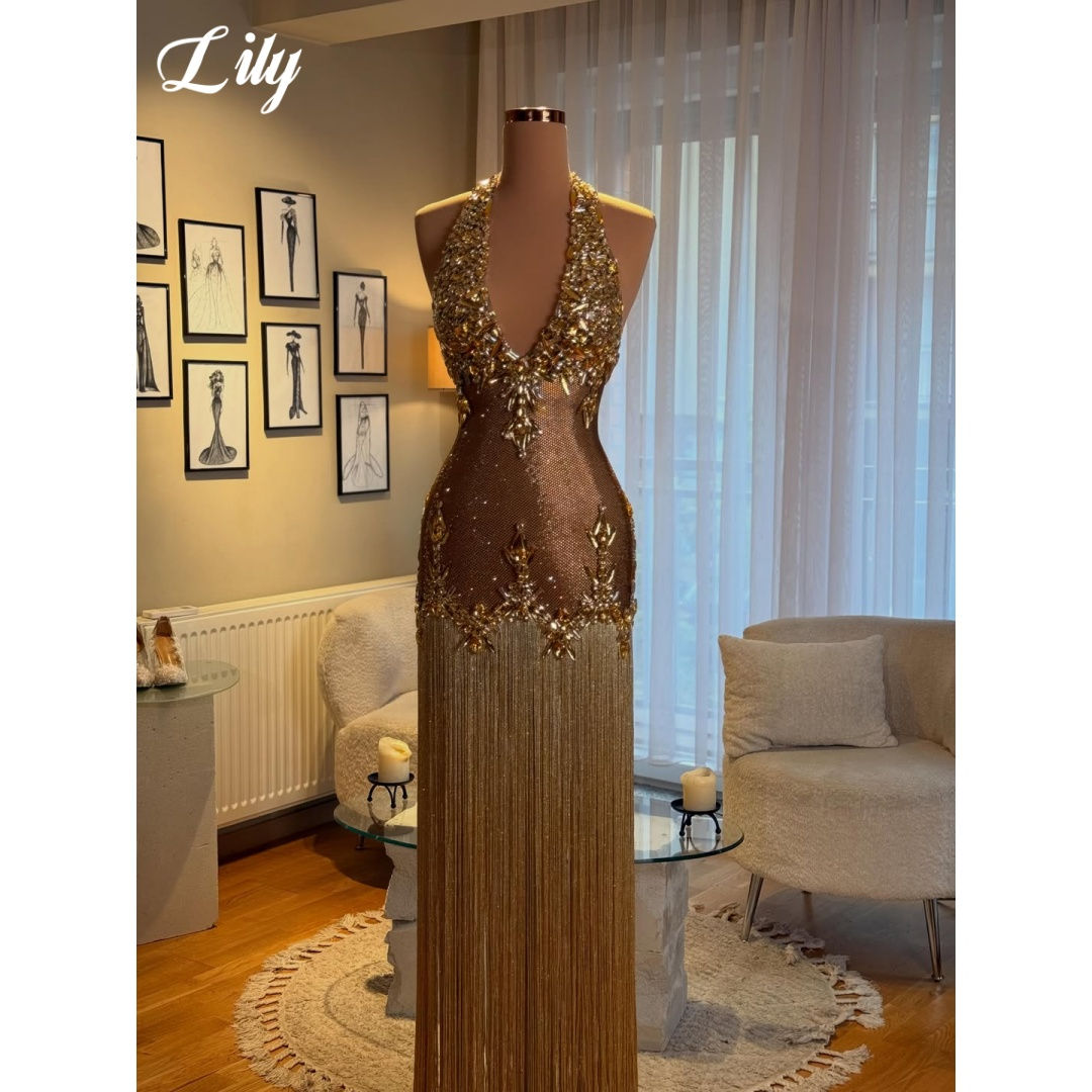 Lily Gold Prom Dress Luxury Heavy Rhinestone Crystal Embellished Dress