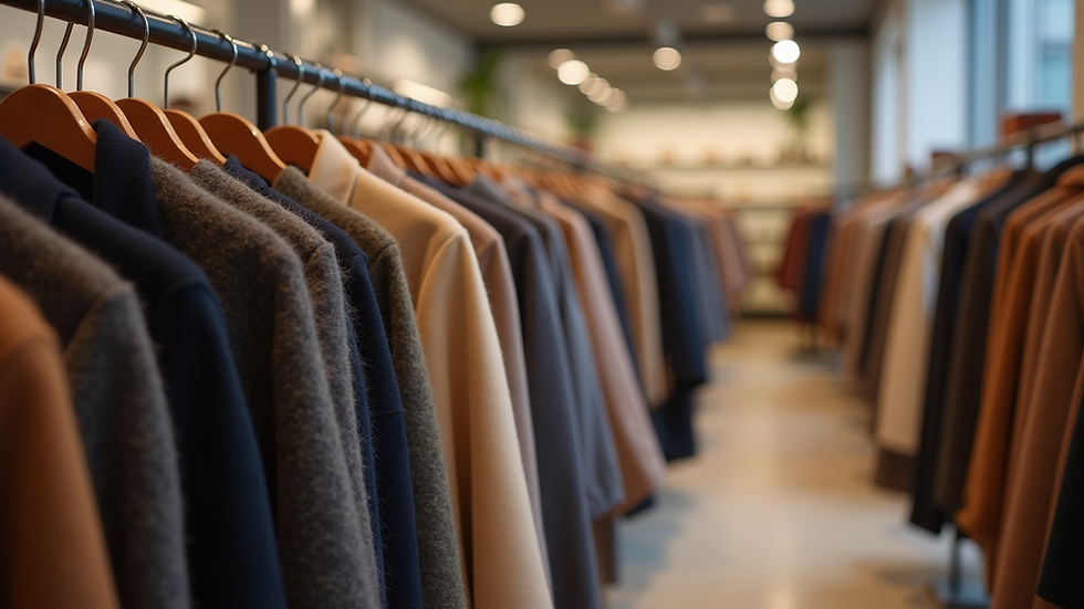 Eye-level view of a rack of women's cashmere coats in a retail store