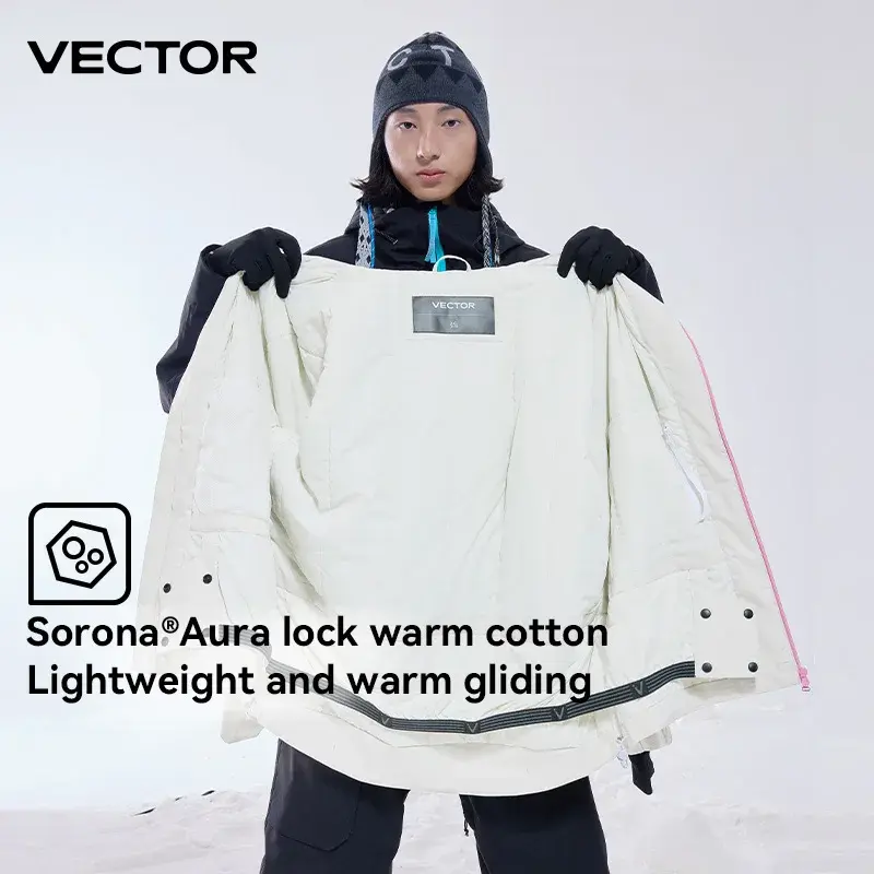 Miniaturebillede: White hooded jacket with pink, yellow, and blue zippers; "VECTOR" text on the sleeve and black cuffs.