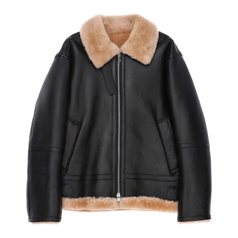 Thumbnail: Shearling Bomber Jacket Leather and Fur Integrated Men's Jacket Winter