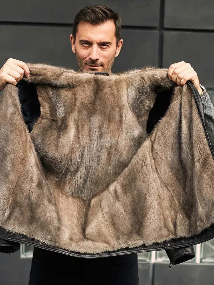Thumbnail: Denny&Dora Men's Sheepskin Jacket - Imported Black Hooded Mink