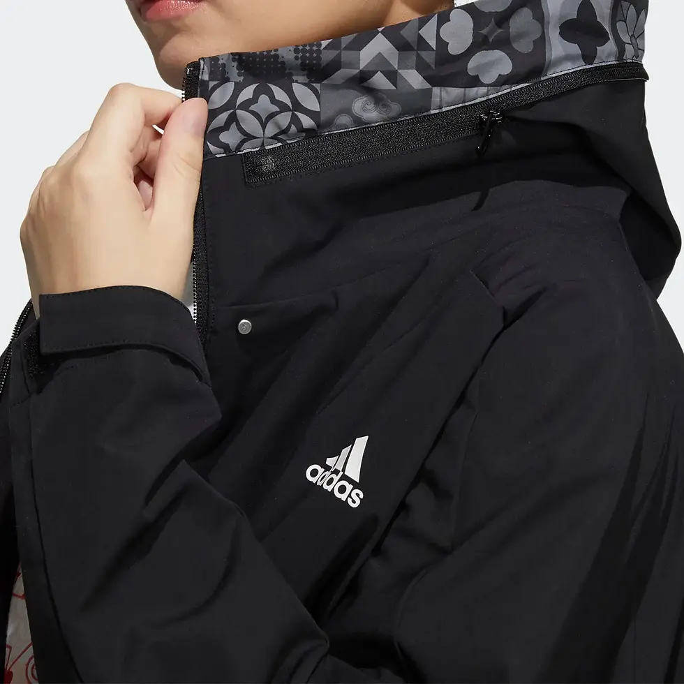 Miniaturebillede: Person wearing a black hooded jacket with red accents and a graphic shirt underneath, set against a plain background.