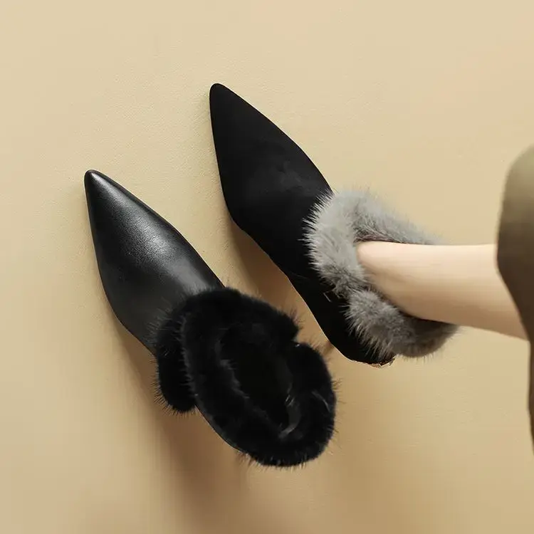 Thumbnail: Luxury Black Leather Women Ankle Boots Sexy Pointed Toe Size 35
