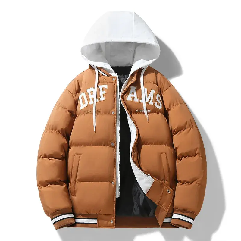Miniatura: Brown puffer jacket with white hood and black accents, "DREAMS" text on chest, striped cuffs, and open front.