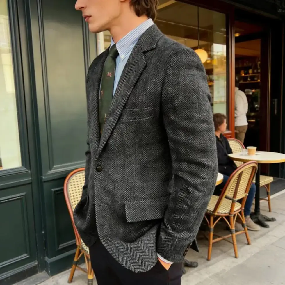 Thumbnail: Men's Grey Herringbone Tweed Blazer Classic-Fit Notched Lapel