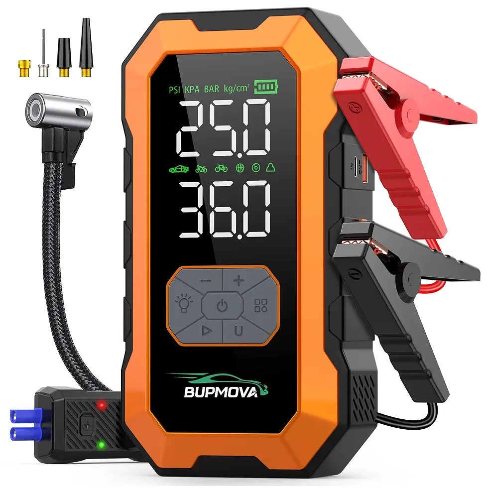 Thumbnail: Orange and black digital pressure gauge with display, red and black clamps, and various nozzle attachments on the side.