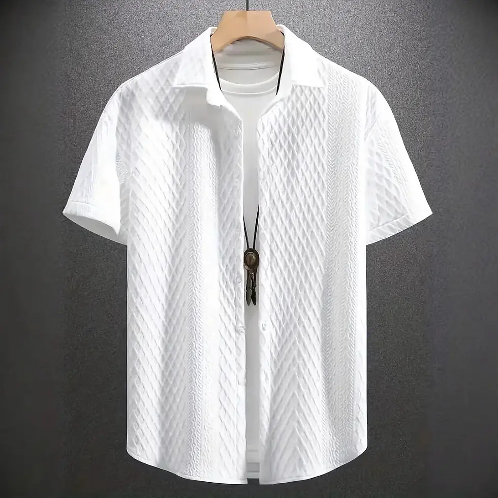 White textured short-sleeve shirt on hanger with a white tee underneath, against a gray background.