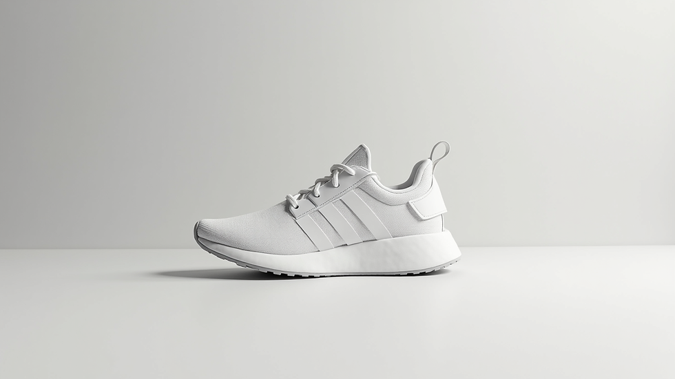 Eye-level view of a single white vegan sneaker on a plain background