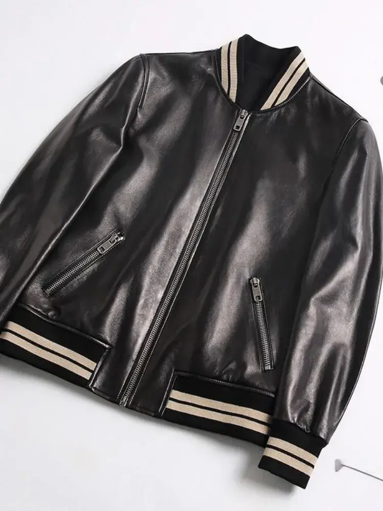 Miniaturebillede: Men's Genuine Leather Casual Zipper Jacket with Stand Collar