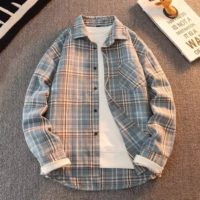 Thumbnail: Retro Japanese Plaid Long Sve Irt Men's Casual Loose Fit