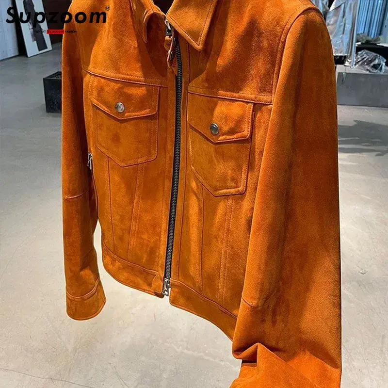 Thumbnail: Men's Casual Leather Jacket with Velvet Lapel and Sheepskin Detail