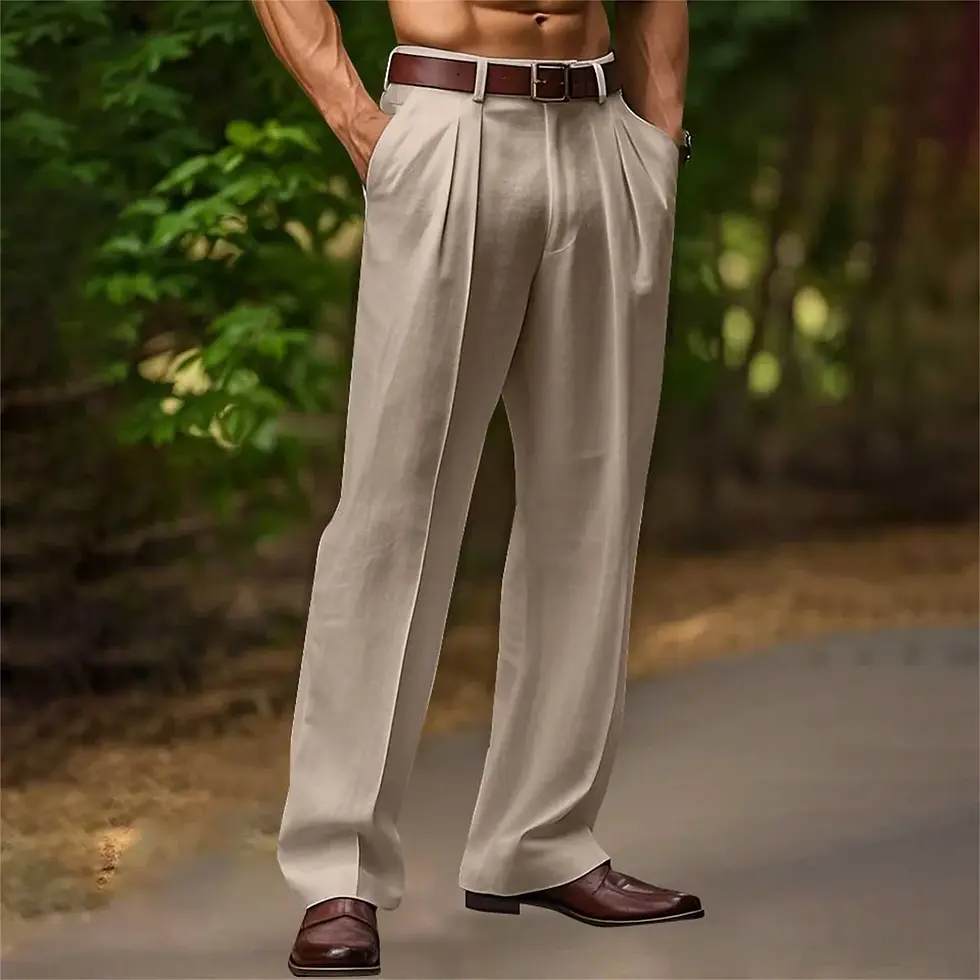 Thumbnail: Men's Cotton Linen Double Fold Straight Leg Pants Mid-Rise