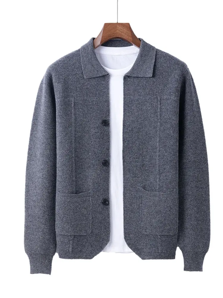 Thumbnail: Men's 100% Merino Wool Knit Cardigan with Lapel Collar