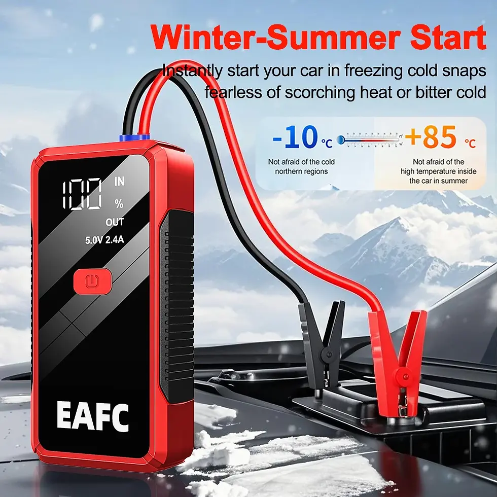 Miniaturebillede: Red and black car jump starter with display, attached cables, snowy mountains in background, text on top.