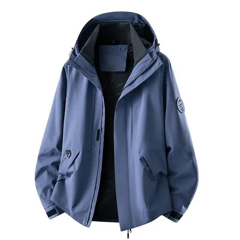 縮圖：Bright yellow hooded jacket with black interior, zippered pockets, and a round patch on the sleeve.