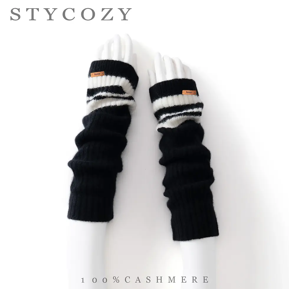 縮圖：100% Cashmere Striped Knit Fingerless Arm Warmers for Women
