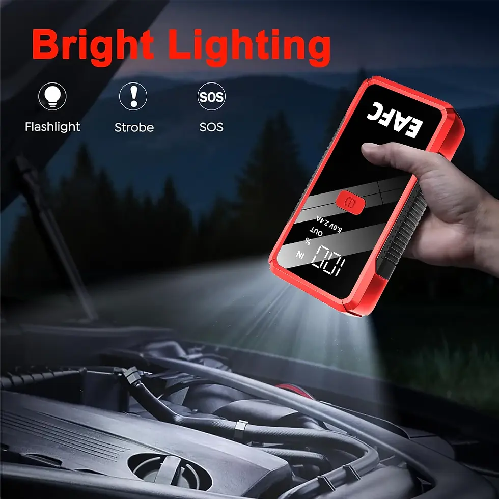 Miniaturebillede: Red handheld device with flashlight illuminates car engine. Text reads "Bright Lighting" with icons for flashlight, strobe, SOS.