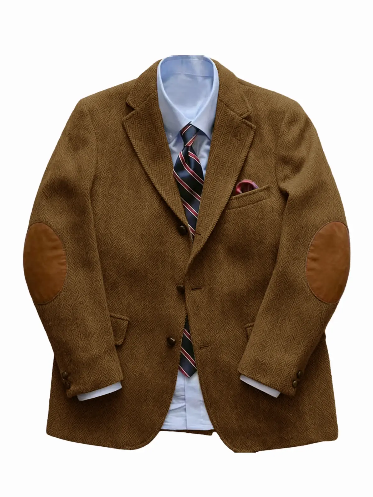 Brown herringbone blazer with elbow patches, light blue shirt, striped tie, and pocket square.