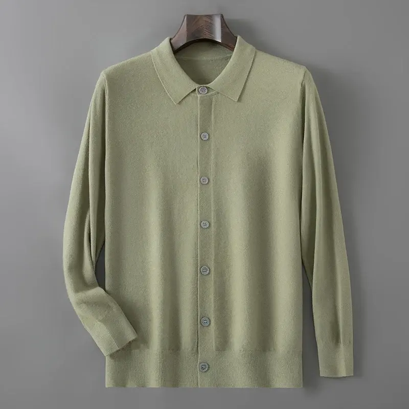 縮圖：Men's 100% Merino Wool Knit Sweater Cardigan with Shirt Collar