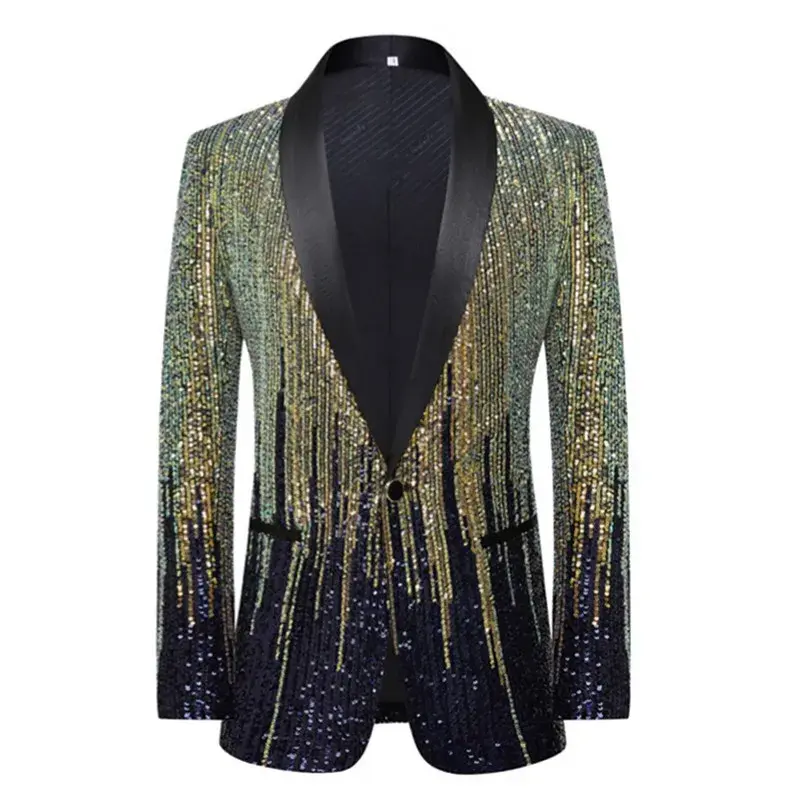 Thumbnail: Sequined blazer with gold and black gradient, black satin lapel, and single button closure.