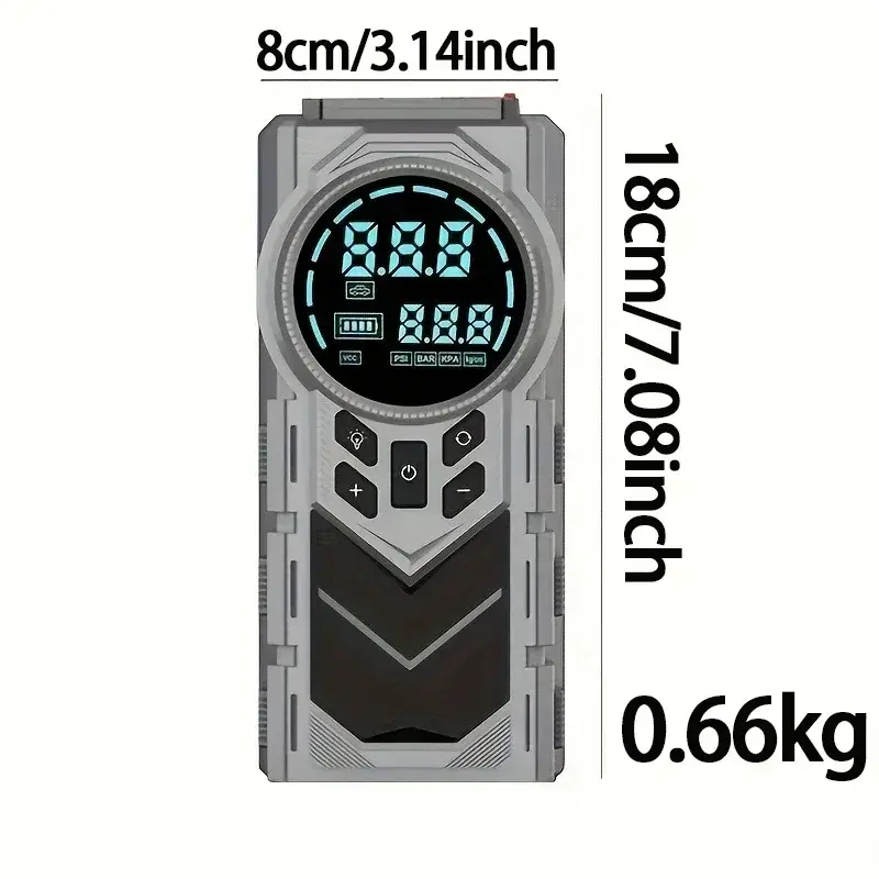 縮圖：Gray digital device with a round blue LED display, buttons below, and measurements: 8cm wide, 18cm tall, 0.66kg weight.