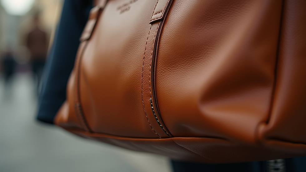 Eye-level view of a luxury handbag with unique stitching details
