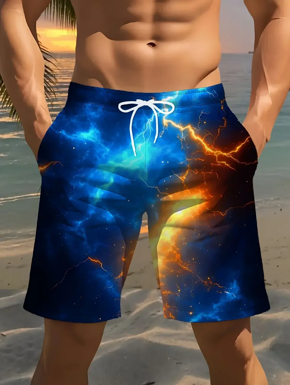 Thumbnail: 2026 Men's Summer Beach Shorts 3D Printed Lightning Pattern Size m